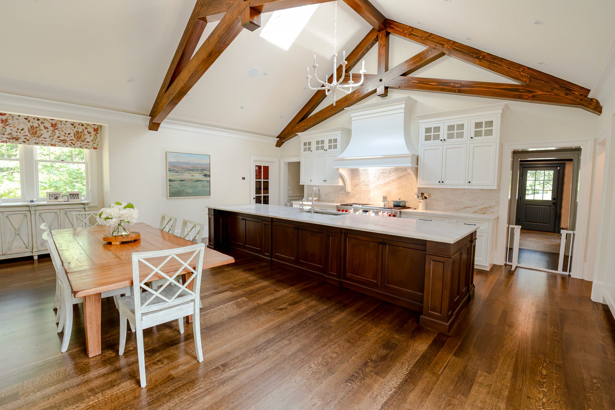 Wellesley Renovation — kitchen and dining great room with beamed cathedral ceiling and custom island
