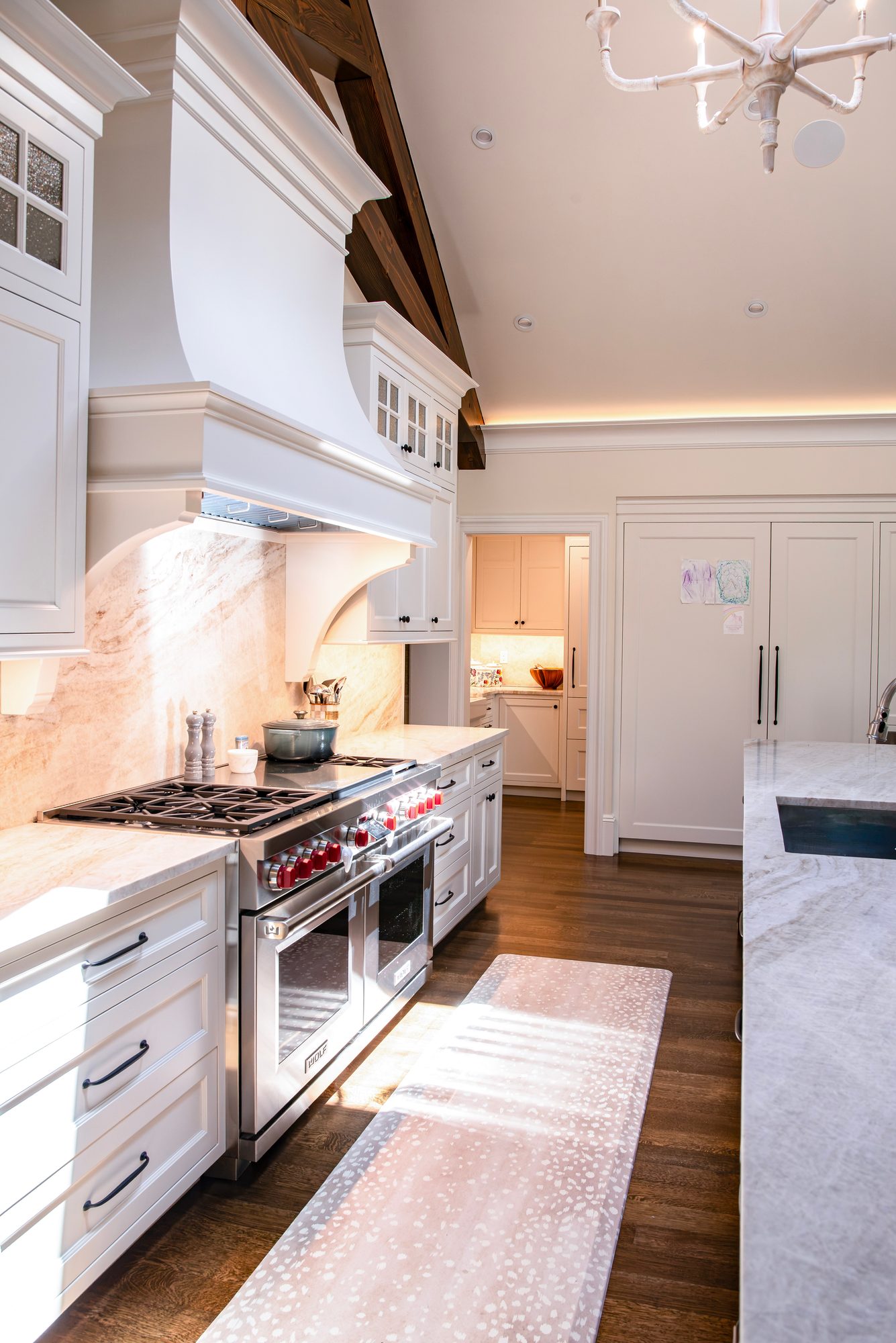 Wellesley Renovation — kitchen range and hood with a view through to the pantry