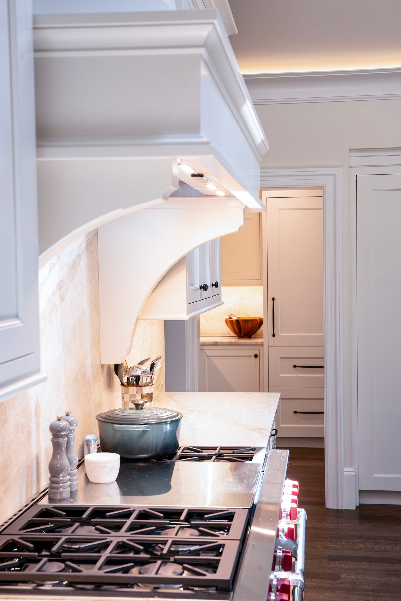 Wellesley Renovation — custom range hood and cooktop detail