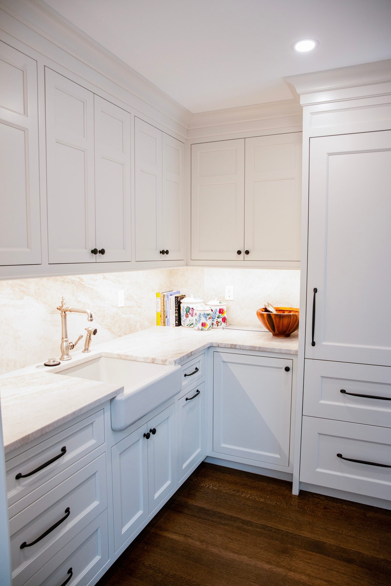Wellesley Renovation — prep pantry with apron-front sink and custom cabinetry