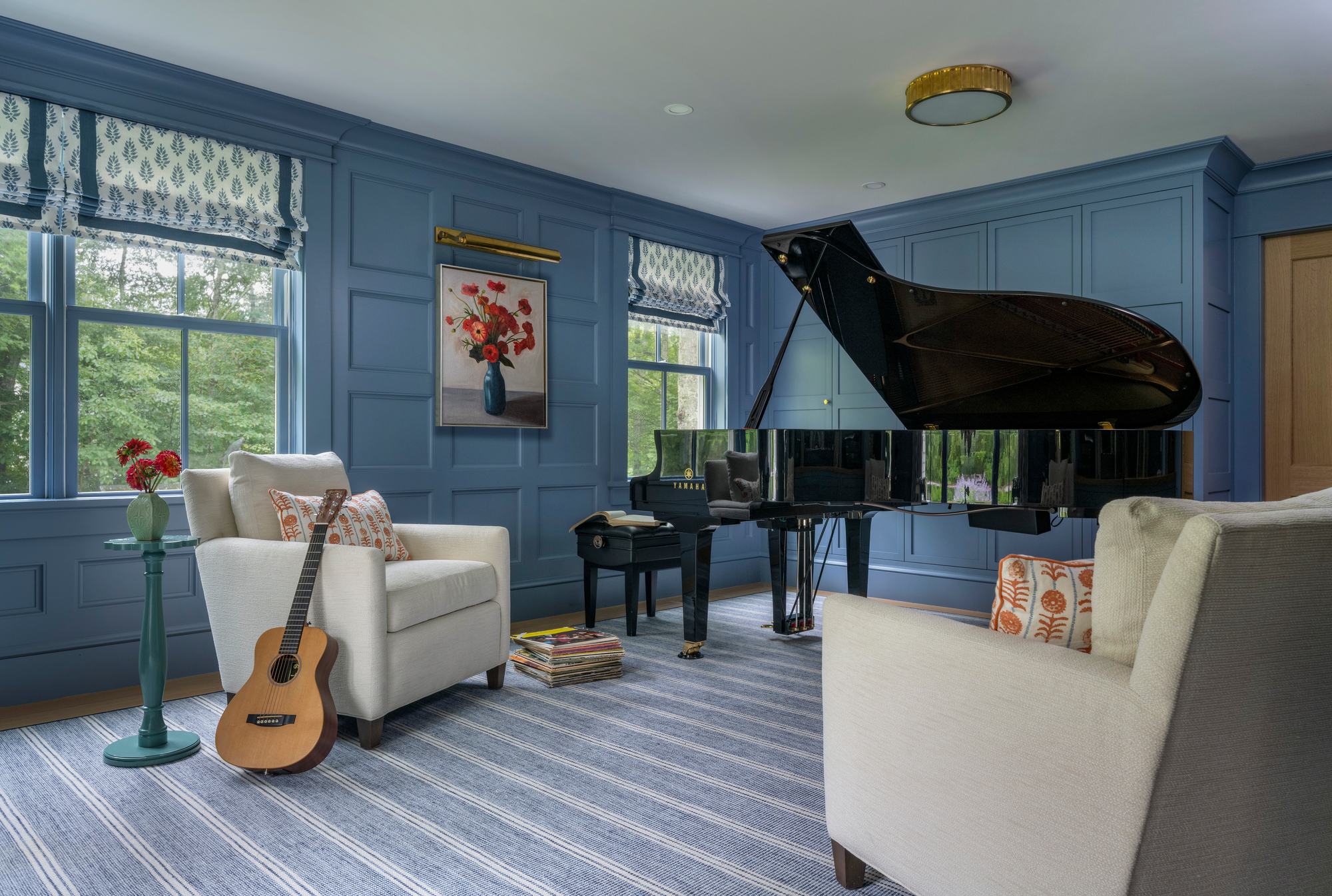 Westport Residence — music room with navy panelled walls and a grand piano