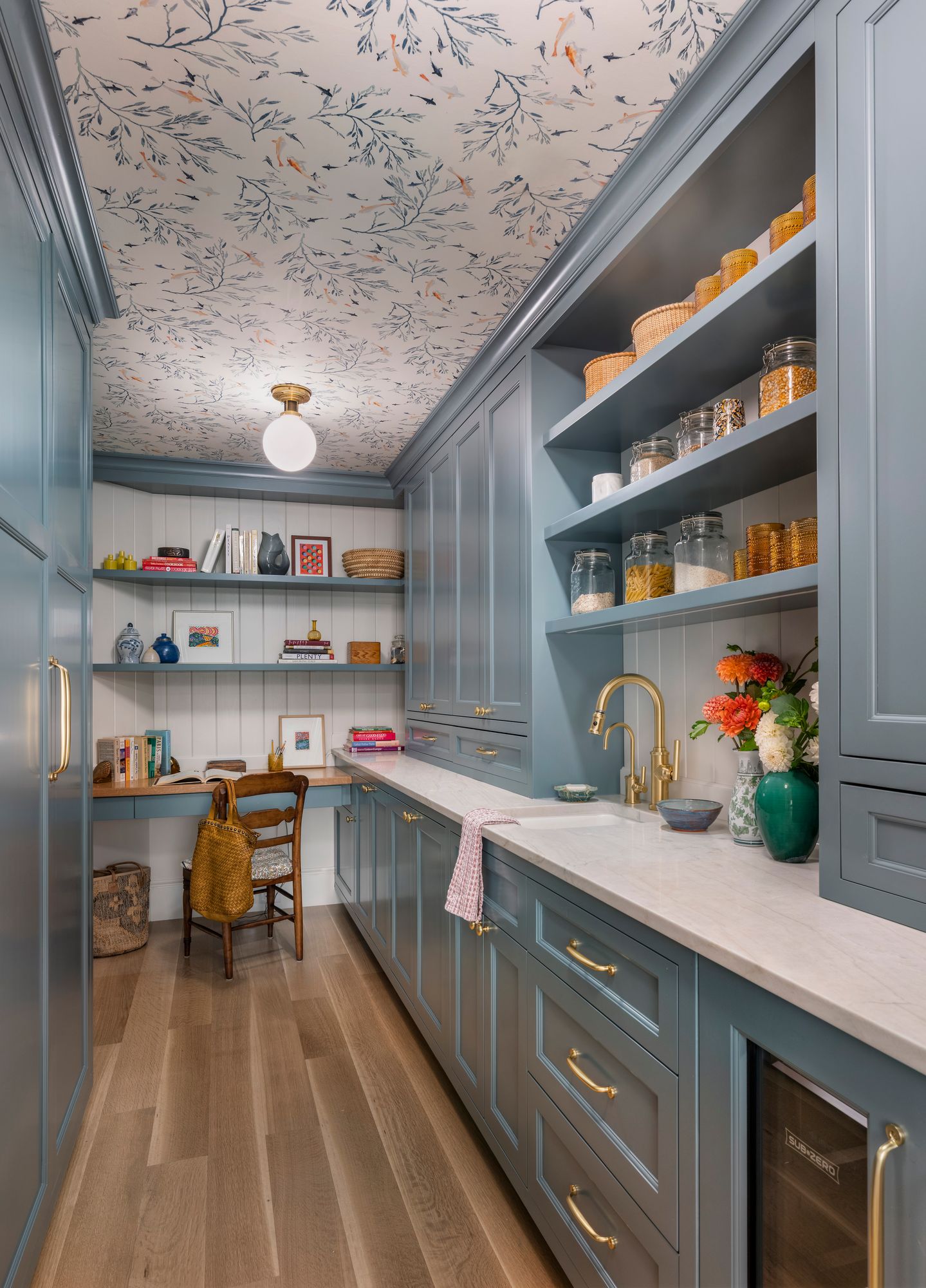 Westport Residence — scullery pantry with open shelving and a papered ceiling