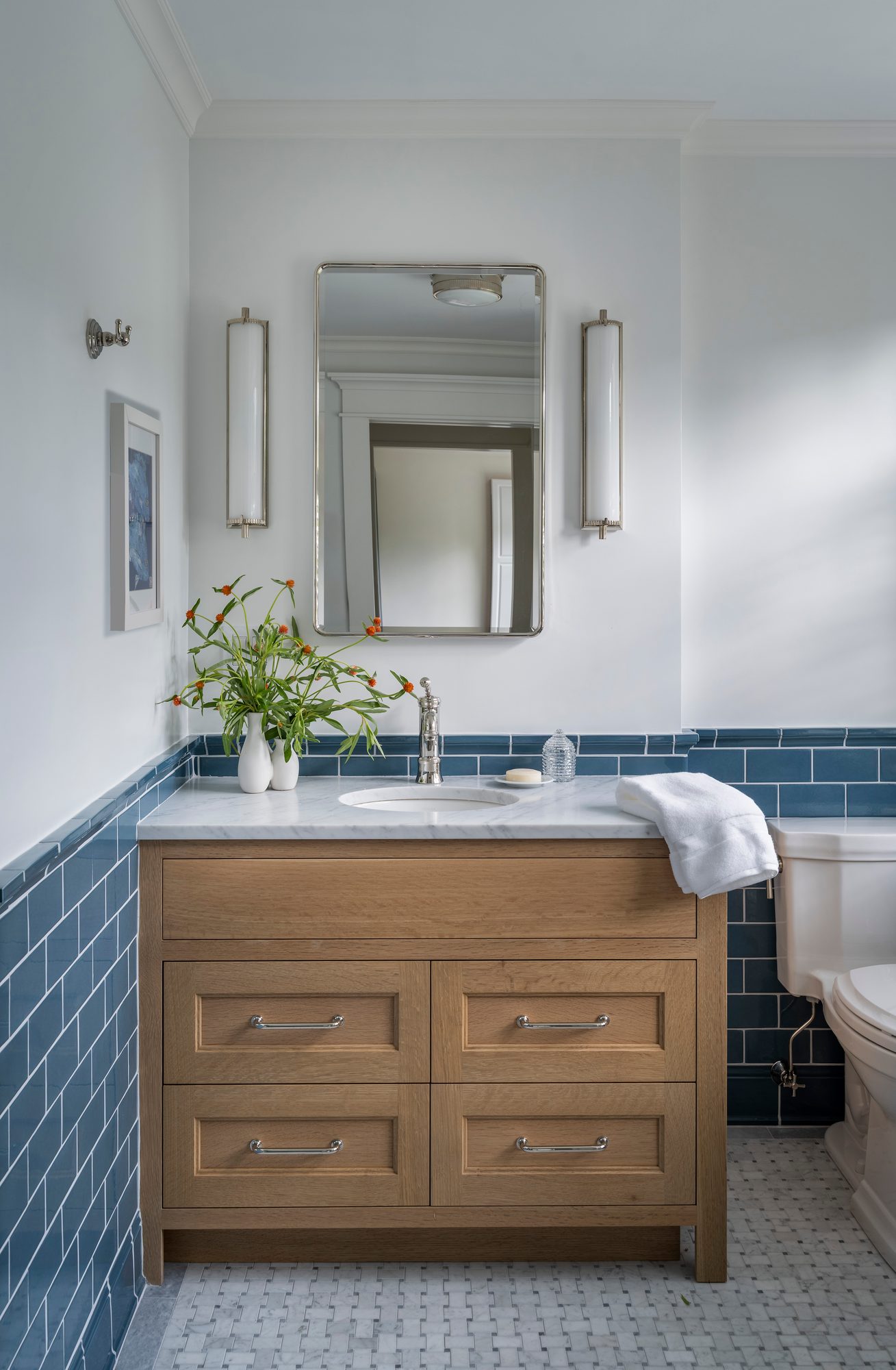 Westport Residence — bath with blue subway tile and an oak vanity